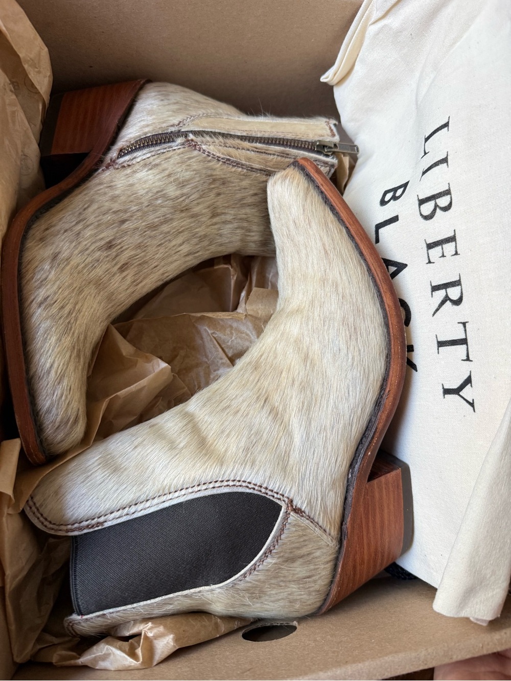 LIBERTY Black Beige Haircalf Ankle Booties with Wooden Heel